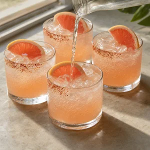 Sparkling water being poured into four garnished grapefruit palomas