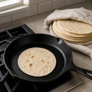 Tortilla di farina scaldata accanto a una pila coperta