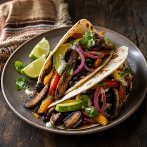 Fajitas aux champignons et haricots noirs, poivrons et avocat