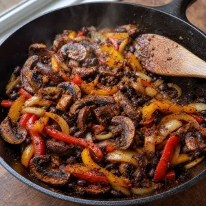 Funghi, peperoni e fagioli neri in padella