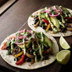 Fajitas aperte con avocado, cipolla e crema al lime