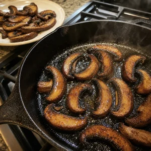 Portobello che rosolano in una padella di ghisa