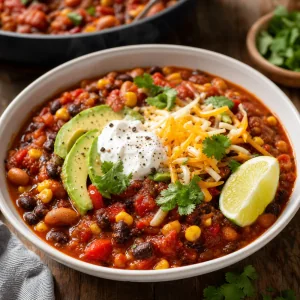 Ciotola di chili vegetariano affumicato con fagioli avocado e panna acida