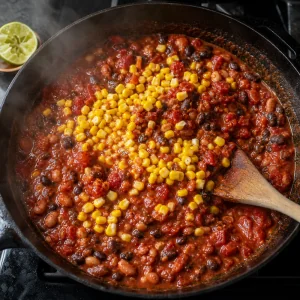Mais mescolato in un denso chili vegetariano di fagioli