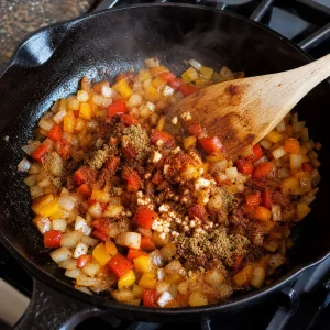 Aglio e spezie per chili mescolati alle verdure ammorbidite