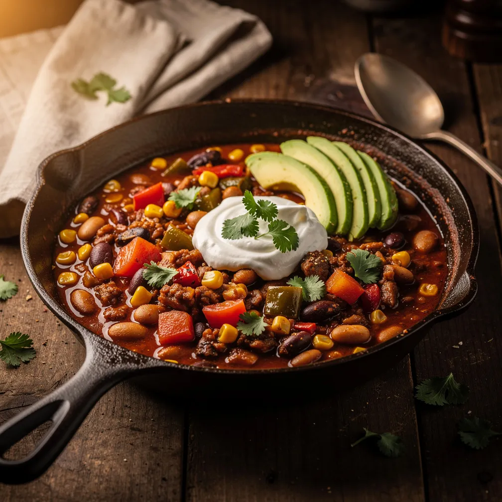 Steaming cast iron skillet of vegetarian bean chili topped with avocado and cilantro