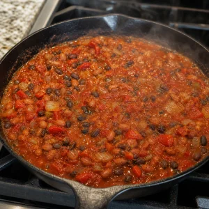 Chili vegetariano di fagioli che sobbolle dolcemente in padella