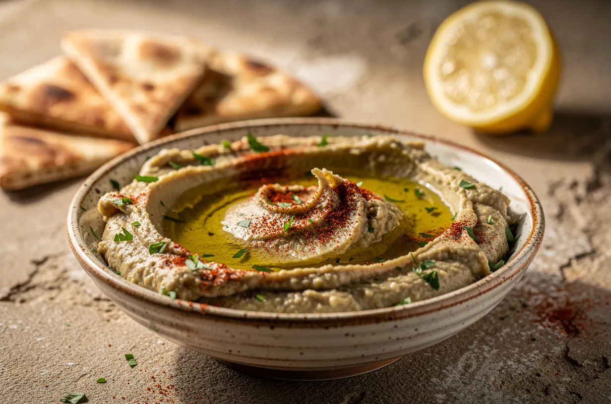 Baba ganoush rôti fumé au citron, ail et tahini onctueux