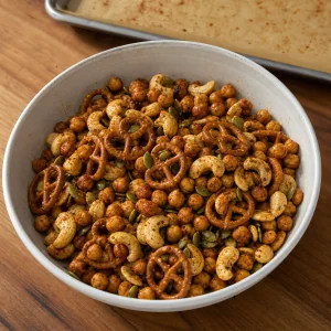 Kichererbsen mit Cashews, Kürbiskernen und Brezeln vermischt
