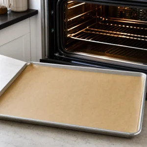 Mit Backpapier belegtes Blech neben dem Ofen