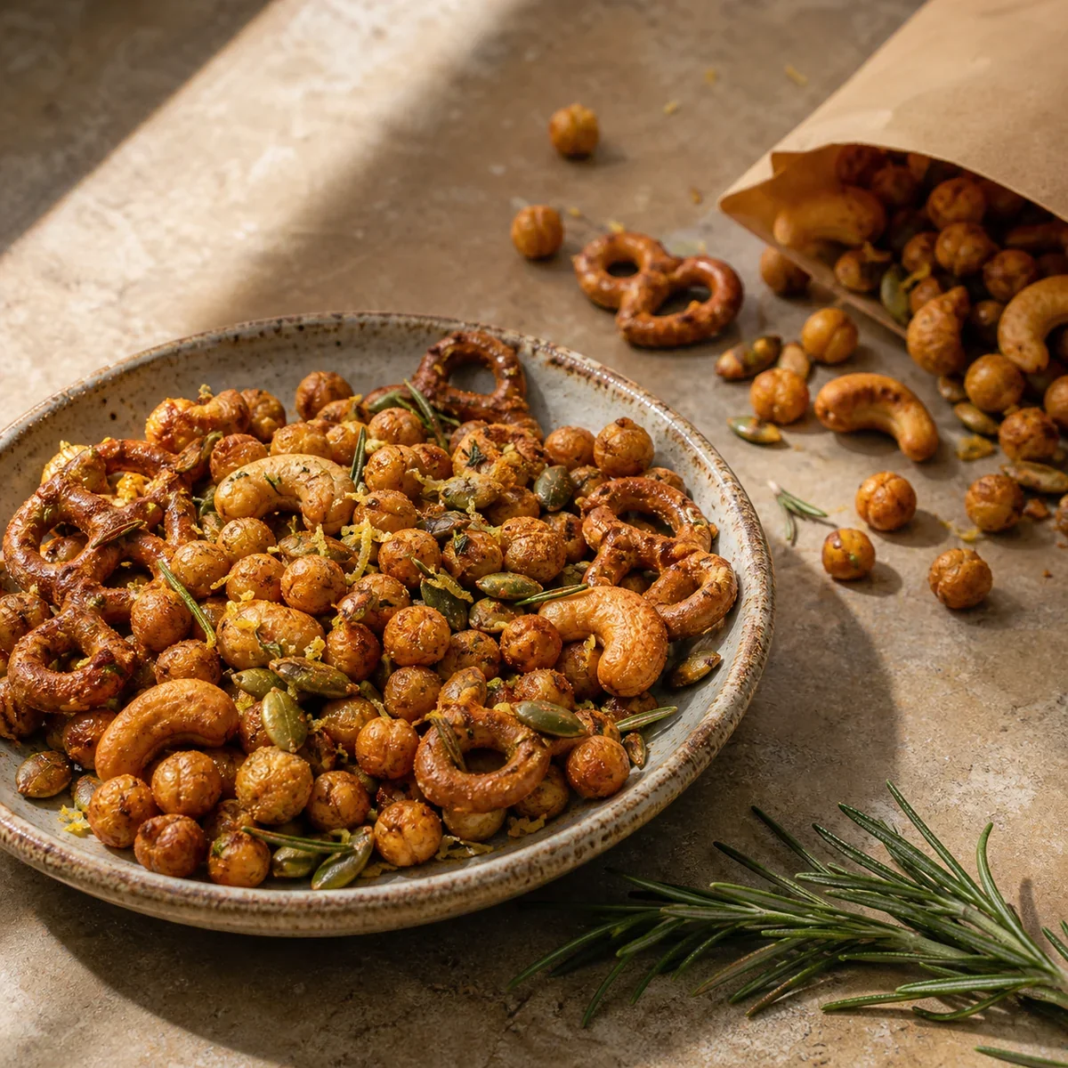 Herzhafter Kichererbsen-Mix mit Cashews, Kürbiskernen und Brezeln