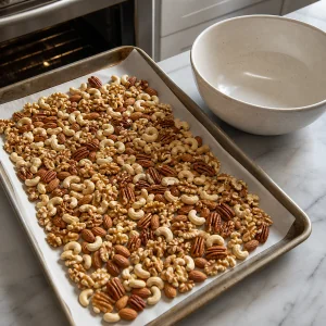 Mixed nuts lightly toasted on a parchment-lined sheet pan