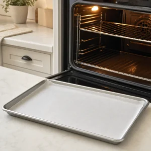 Parchment-lined sheet pan ready beside the heated oven