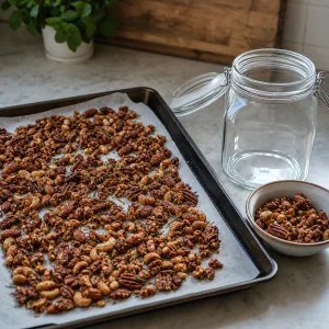 Roasted rosemary nuts cooling before serving or storing