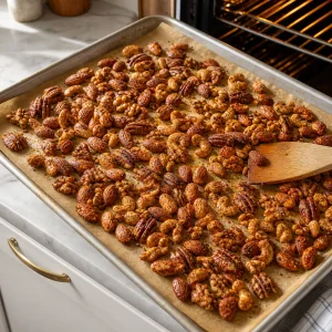 Seasoned mixed nuts roasting in a single layer
