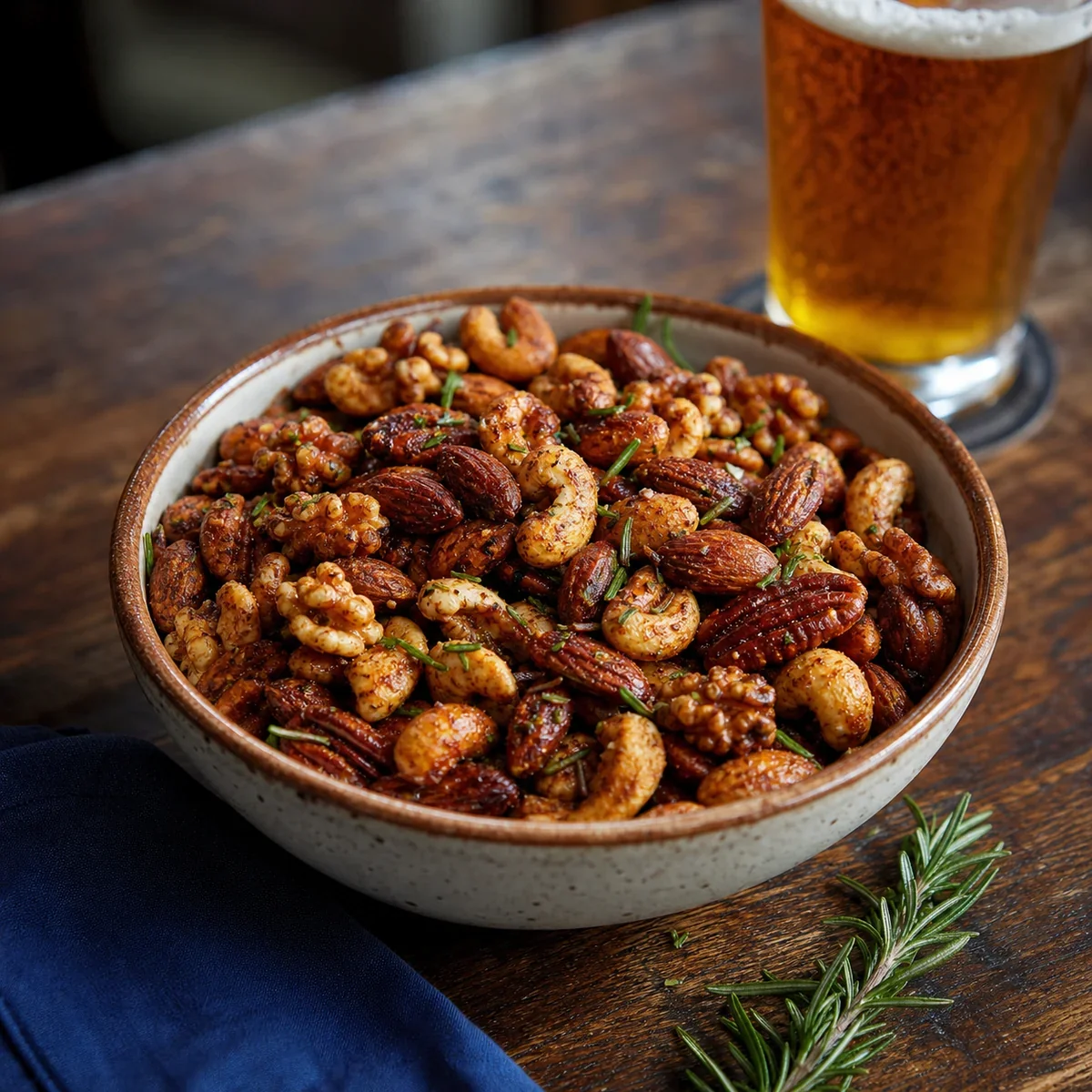 Smoky rosemary mixed nuts in a pub bowl beside an amber ale