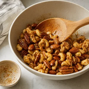 Warm mixed nuts evenly coated with the rosemary spice mixture