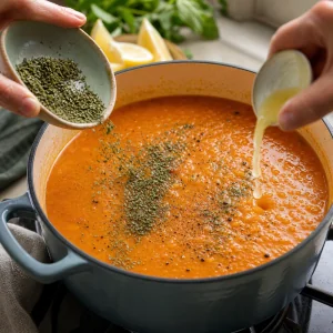 Dried mint and lemon juice stirred into creamy lentil soup