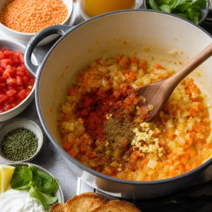 Garlic, smoked paprika and cumin stirred into softened vegetables