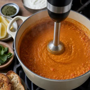 Immersion blender pureeing the red lentil tomato soup