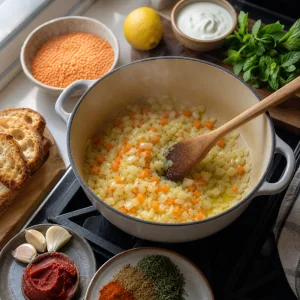 Onion and carrot softening in olive oil for Turkish lentil soup