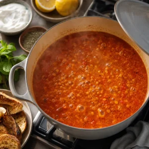 Red lentils simmering with tomatoes and vegetable broth