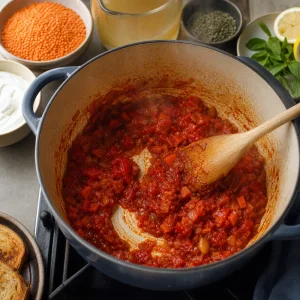 Tomato paste and diced tomatoes cooked into the spiced soup base