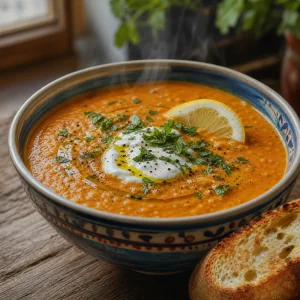 Turkish red lentil soup served with yogurt, mint and toasted bread