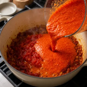 Blended red pepper tomato sauce being poured into the pot for smoky jollof rice.
