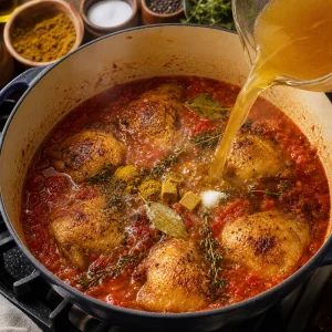 Browned chicken simmering in red jollof sauce with stock, herbs, and bay leaves.