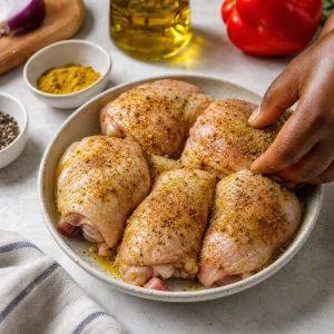 Chicken thighs coated with curry powder, pepper, salt, and oil before cooking.