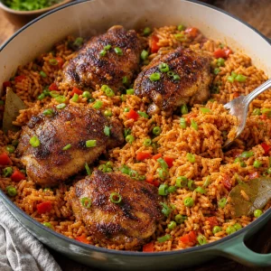 Finished smoky jollof rice served hot with browned chicken, peas, and scallions.