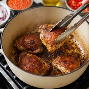 Golden browned chicken thighs being lifted from a Dutch oven with tongs.