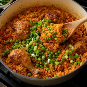 Green peas and scallions folded into fluffy red-orange jollof rice with chicken.