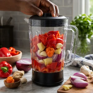Red peppers, onion, garlic, ginger, and chile loaded into a blender for jollof sauce.