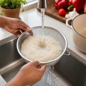 Rinsing long-grain rice in a sieve under cold running water for jollof rice.