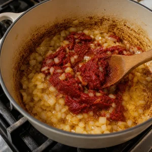 Tomato paste stirred into softened onions in a Dutch oven for jollof rice.