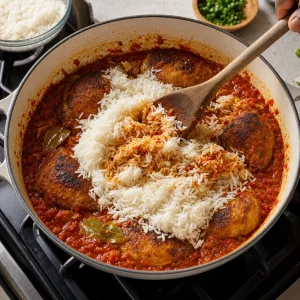 White rice being folded into the red jollof sauce around browned chicken.