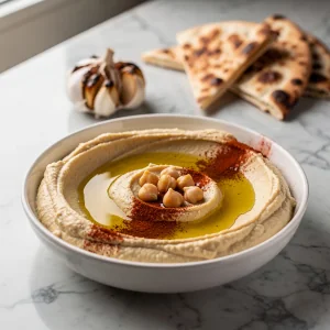 Creamy roasted garlic hummus served in a ceramic bowl with a swirl of olive oil and pita bread