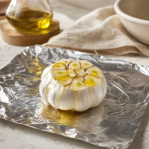 Garlic head cut open and drizzled with olive oil on foil before roasting.