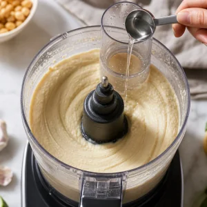 Ice water drizzled into the running food processor to make the hummus creamy.