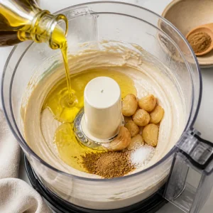 Olive oil poured into the food processor with cumin, salt, and roasted garlic.