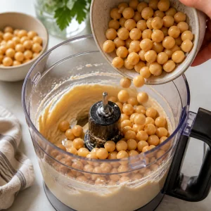 Rinsed chickpeas added to the food processor for blending into hummus.
