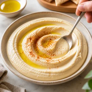 Smooth roasted garlic hummus swirled in a bowl with olive oil and paprika.