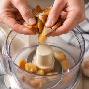 Soft roasted garlic cloves squeezed from their skins into a food processor.
