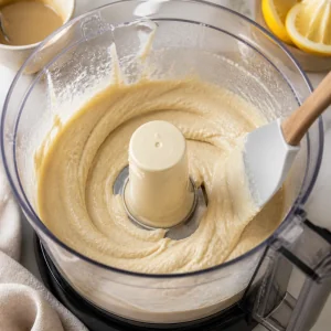 Tahini and lemon juice whipped into a pale creamy mixture in a food processor.