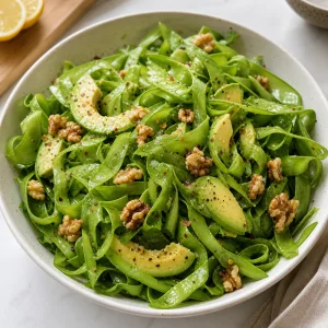 Insalata pronta di taccole con avocado e noci tostate