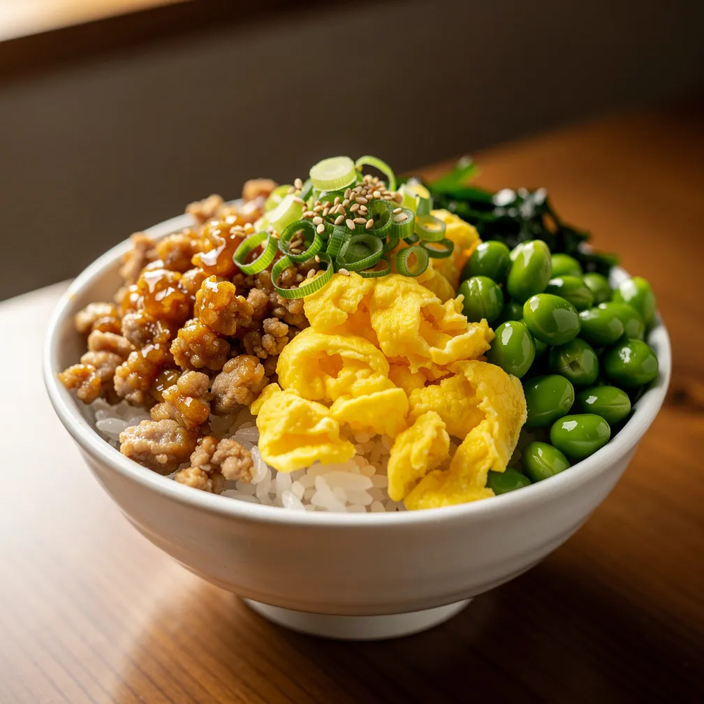 Soboro donburi with ground chicken and fluffy eggs served over steamed rice in a white bowl