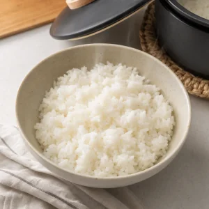 Steaming white rice ready for soboro donburi bowls