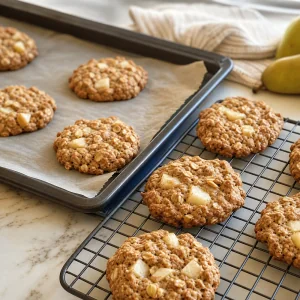 Galletas horneadas de pera y avena enfriandose en rejilla y bandeja